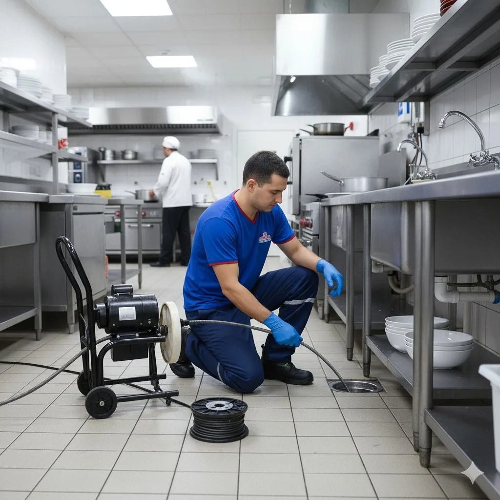 Técnico da Suprema desentupindo ralo de cozinha industrial em restaurante em Porto Alegre