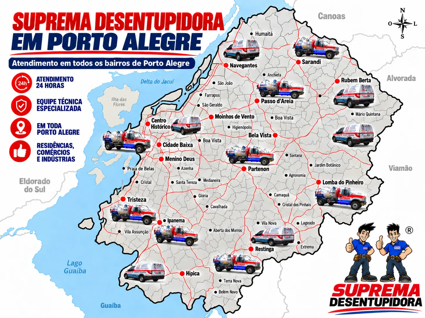 Mapa de atendimento da Suprema Desentupidora em todos os bairros de Porto Alegre, com caminhão limpa fossa e equipe